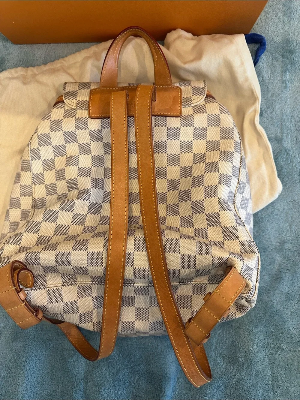Louis Vuitton Damier Azur Check Canvas Backpack with Tan Leather Trim